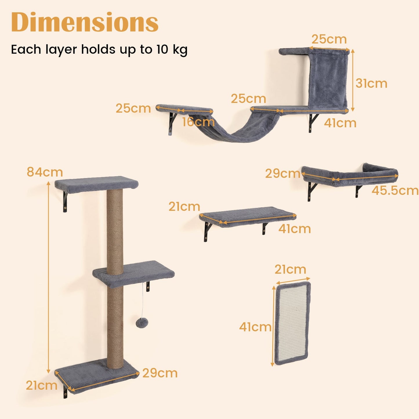 5-in-1 Cat Climbing Wall Set Padded Hanging Pet Furniture with 3-Level Cat Tree-Grey