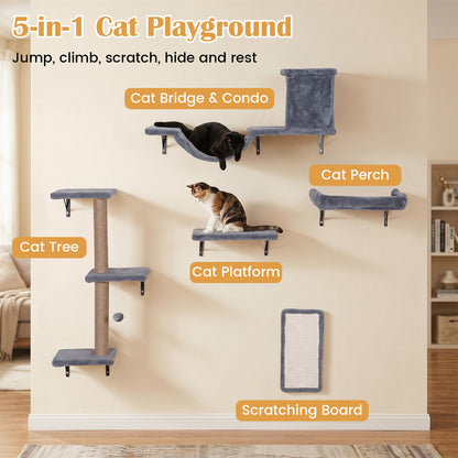5-in-1 Cat Climbing Wall Set Padded Hanging Pet Furniture with 3-Level Cat Tree-Grey