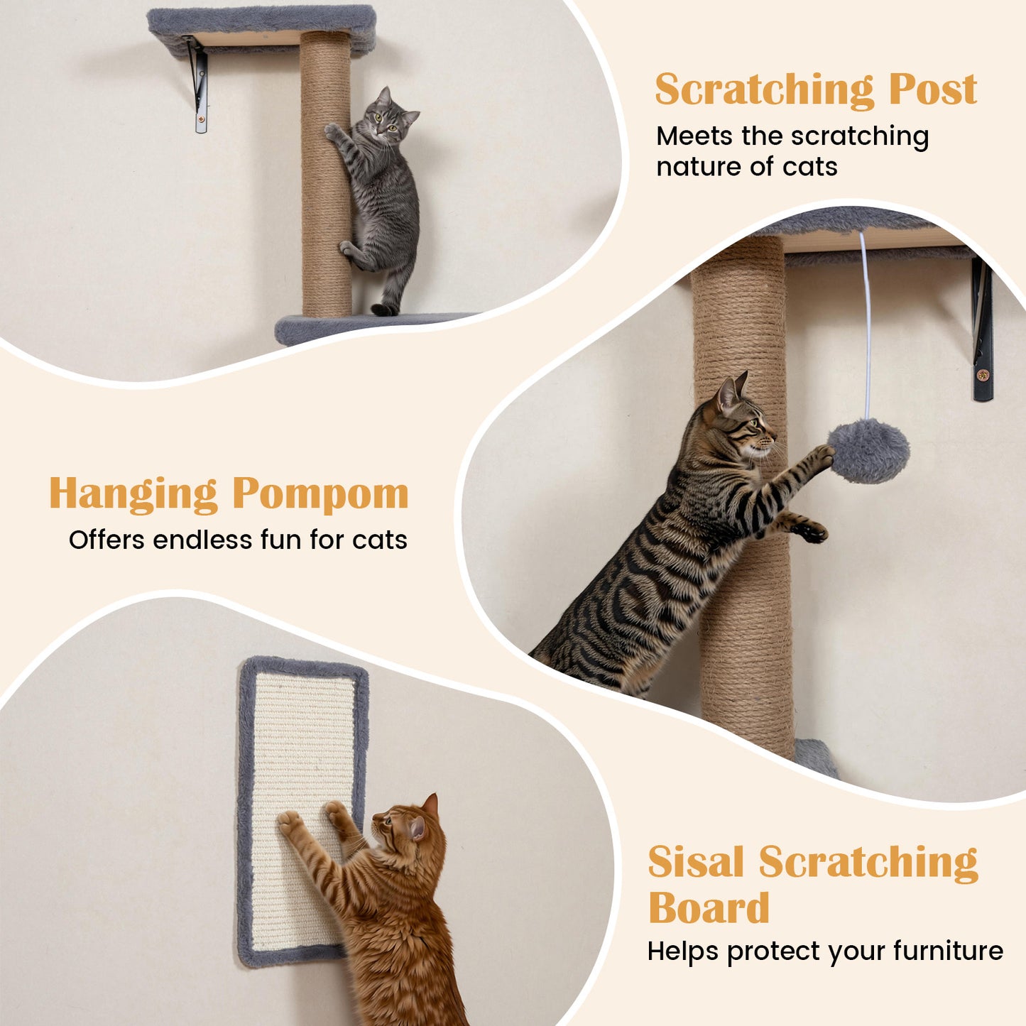 5-in-1 Cat Climbing Wall Set Padded Hanging Pet Furniture with 3-Level Cat Tree-Grey