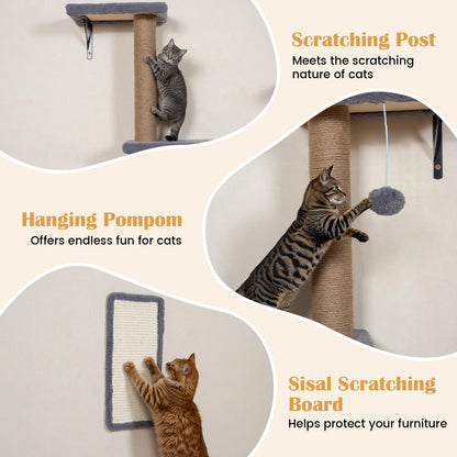5-in-1 Cat Climbing Wall Set Padded Hanging Pet Furniture with 3-Level Cat Tree-Grey