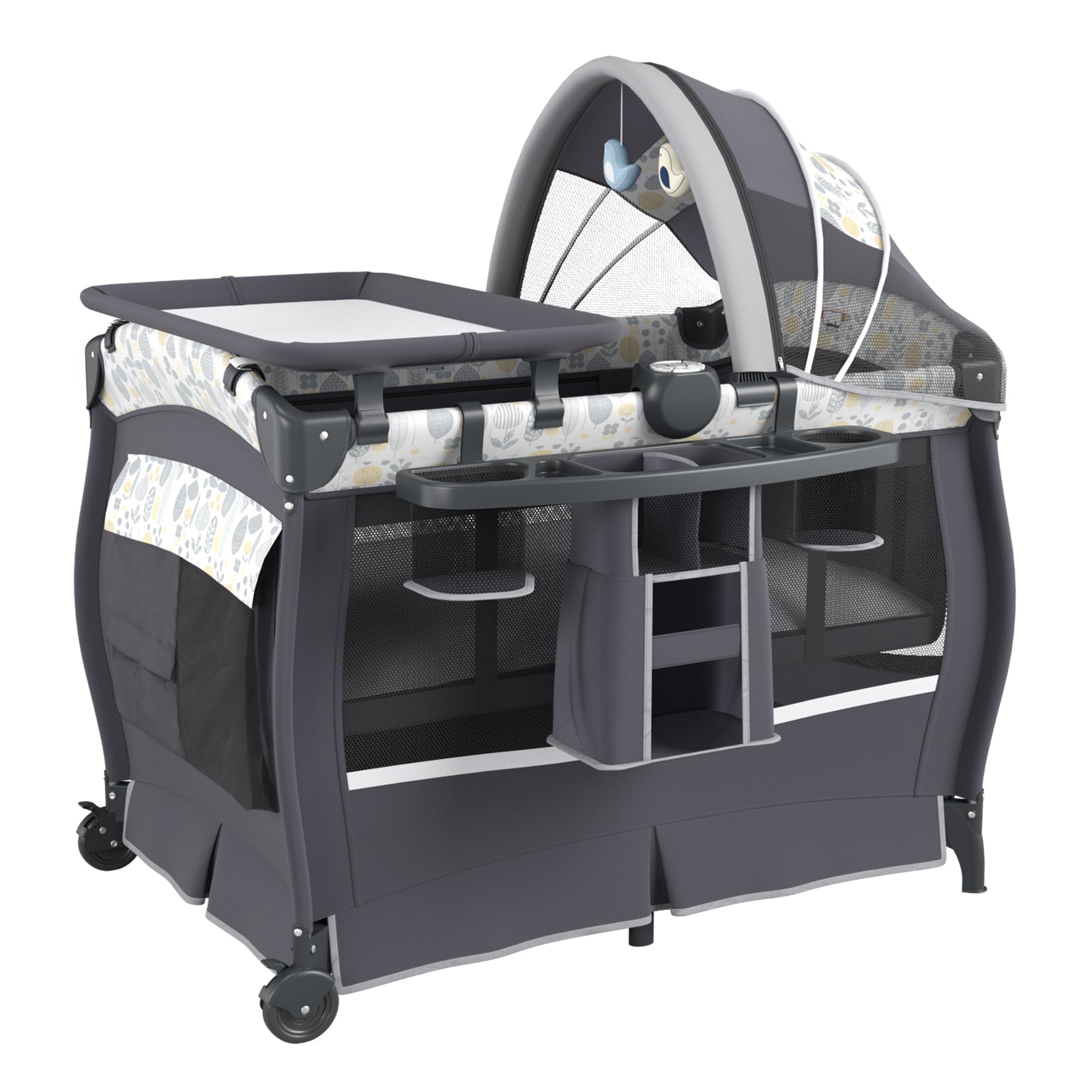 5 in 1 Portable Pack and Play with Bassinet and Mattress-Grey