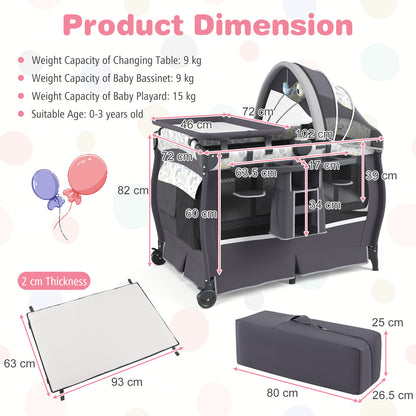 5 in 1 Portable Pack and Play with Bassinet and Mattress-Grey