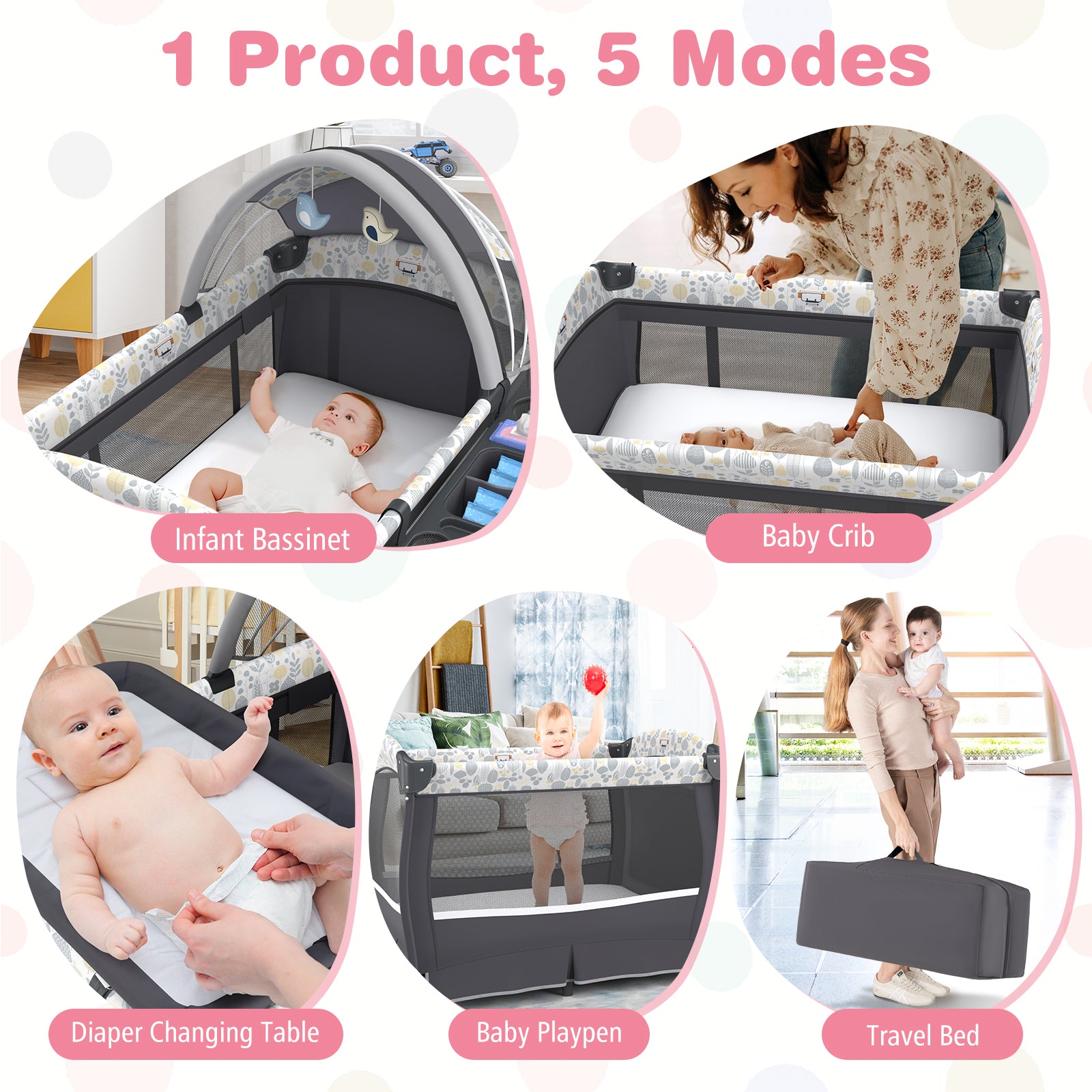 5 in 1 Portable Pack and Play with Bassinet and Mattress-Grey