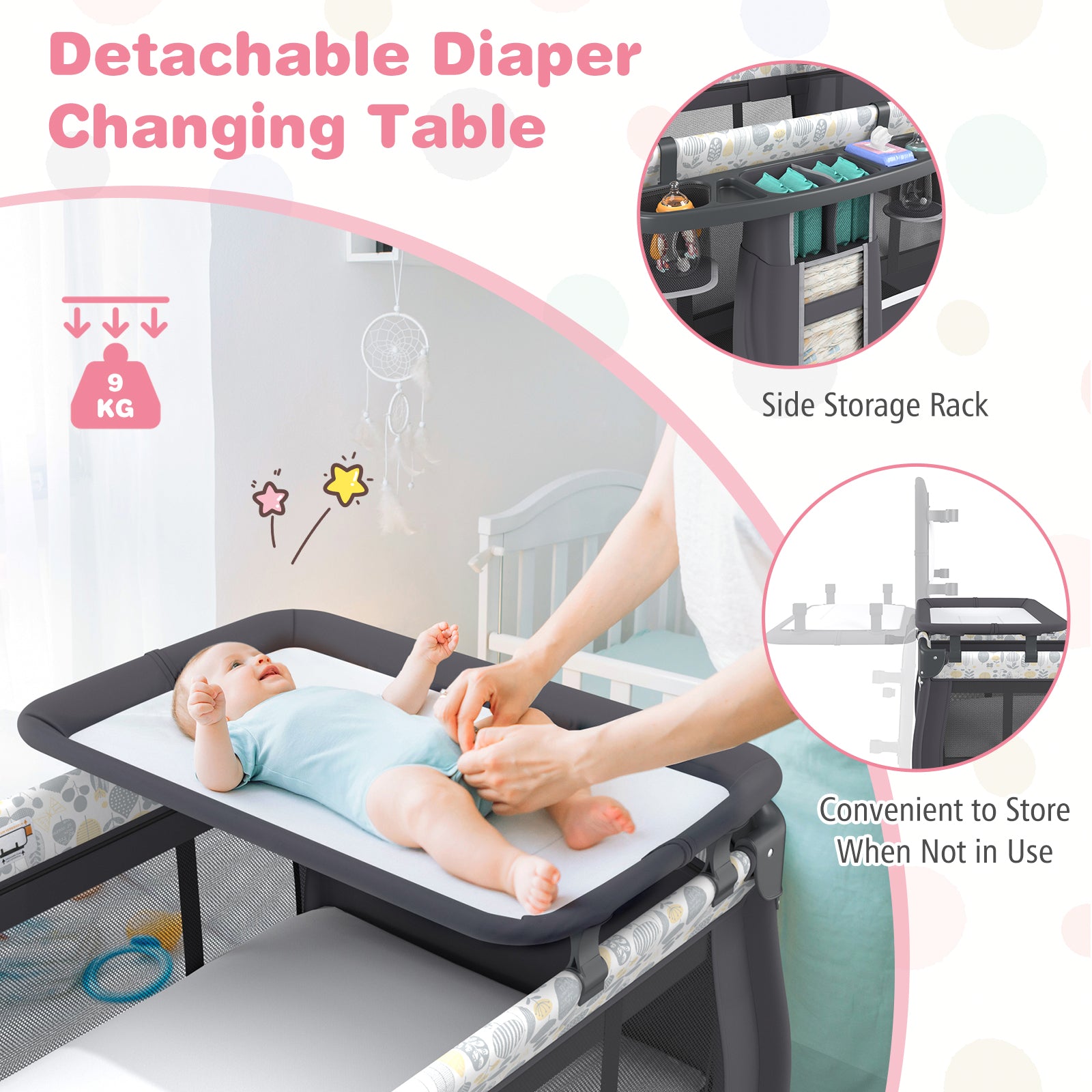 5 in 1 Portable Pack and Play with Bassinet and Mattress-Grey
