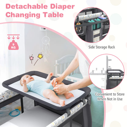 5 in 1 Portable Pack and Play with Bassinet and Mattress-Grey