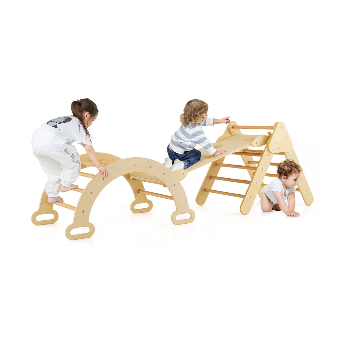 5-in-1 Triangle Climbing Toys with Arch Ramp for 1+ Years Old-Natural