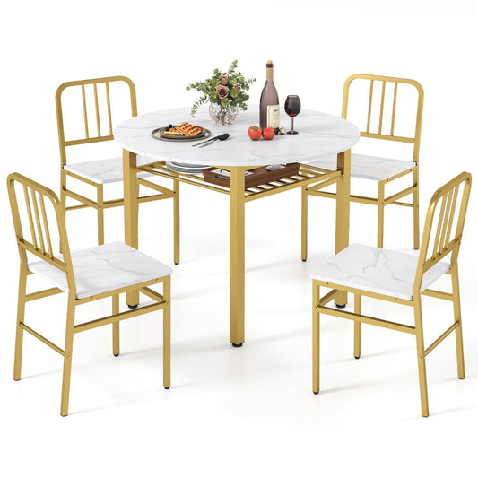 5 Piece Dining Table Set with Storage Rack for Dining Room-White