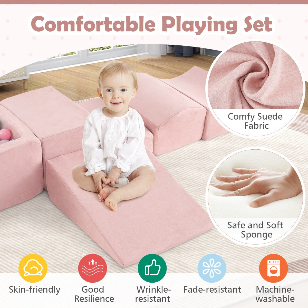 5-Piece Climb and Crawl Playset with Ball Pit for Kids-Pink