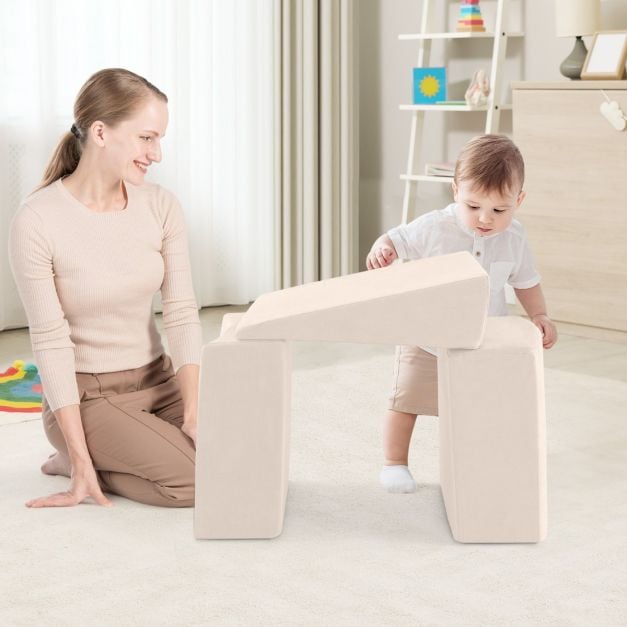 5 Piece Foam Play Set for Kids with Ball Pit Washable Covers, Creative Blocks Beige