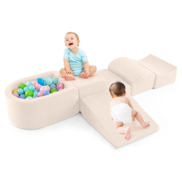5 Piece Foam Play Set for Kids with Ball Pit Washable Covers, Creative Blocks Beige