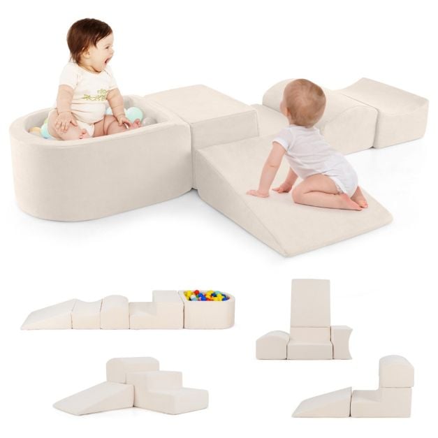 5 Piece Foam Play Set for Kids with Ball Pit Washable Covers, Creative Blocks Beige