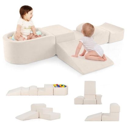 5 Piece Foam Play Set for Kids with Ball Pit Washable Covers, Creative Blocks Beige