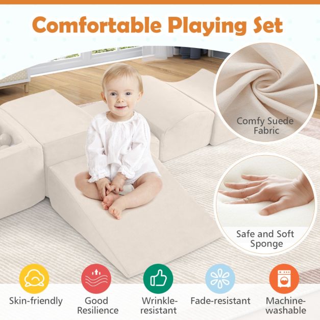 5 Piece Foam Play Set for Kids with Ball Pit Washable Covers, Creative Blocks Beige