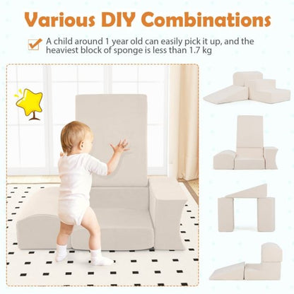 5 Piece Foam Play Set for Kids with Ball Pit Washable Covers, Creative Blocks Beige