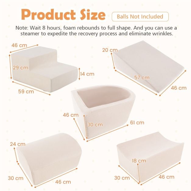 5 Piece Foam Play Set for Kids with Ball Pit Washable Covers, Creative Blocks Beige