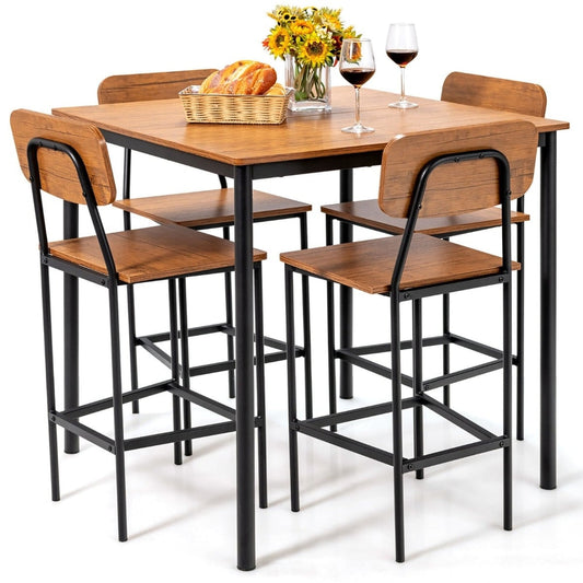 5 Pieces Industrial Dining Set Bar in Walnut