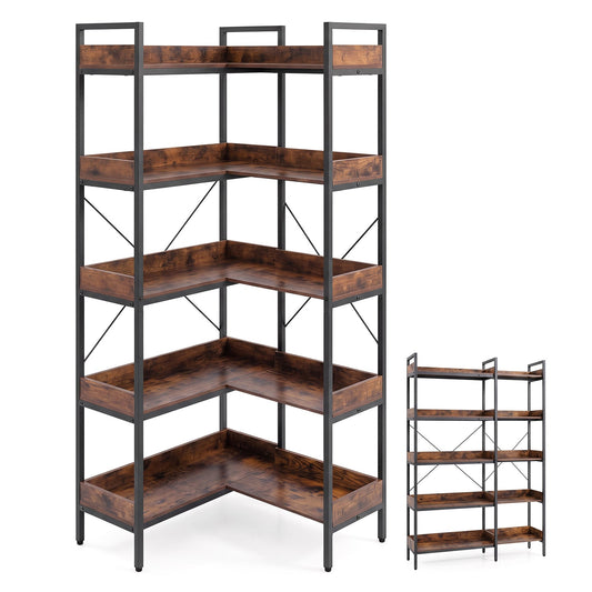 5-Tier Corner Bookshelf in Rustic Brown