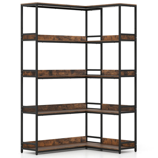 5-Tier Corner Bookshelf with Metal Frame in Rustic Brown