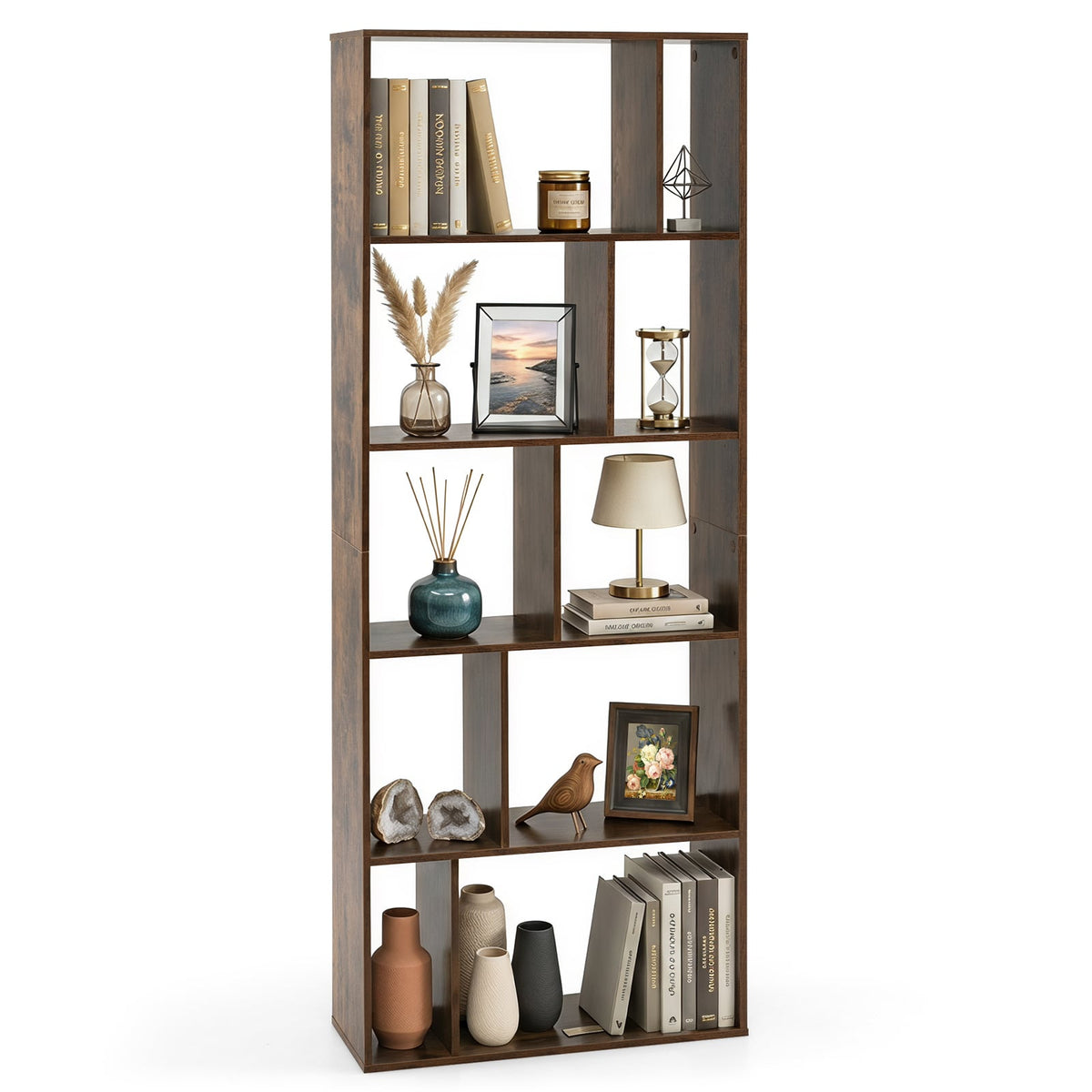 5-Tier Geometric Bookshelf with 10 Open Cubbies in Rustic Brown