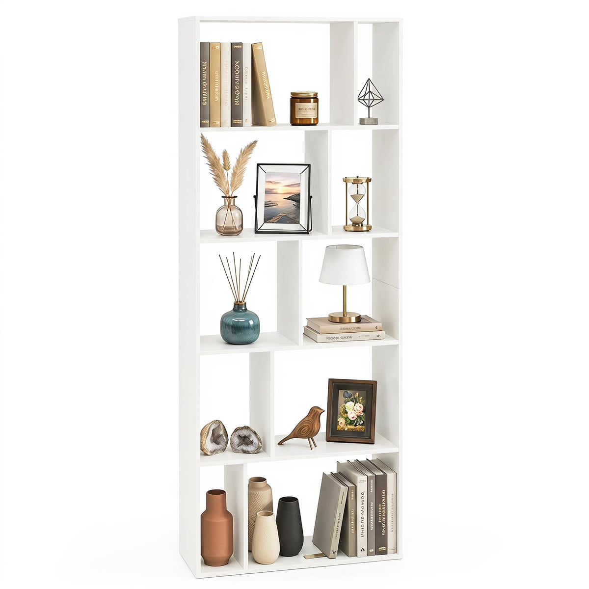 5-Tier Geometric Bookshelf with 10 Open Cubbies in White