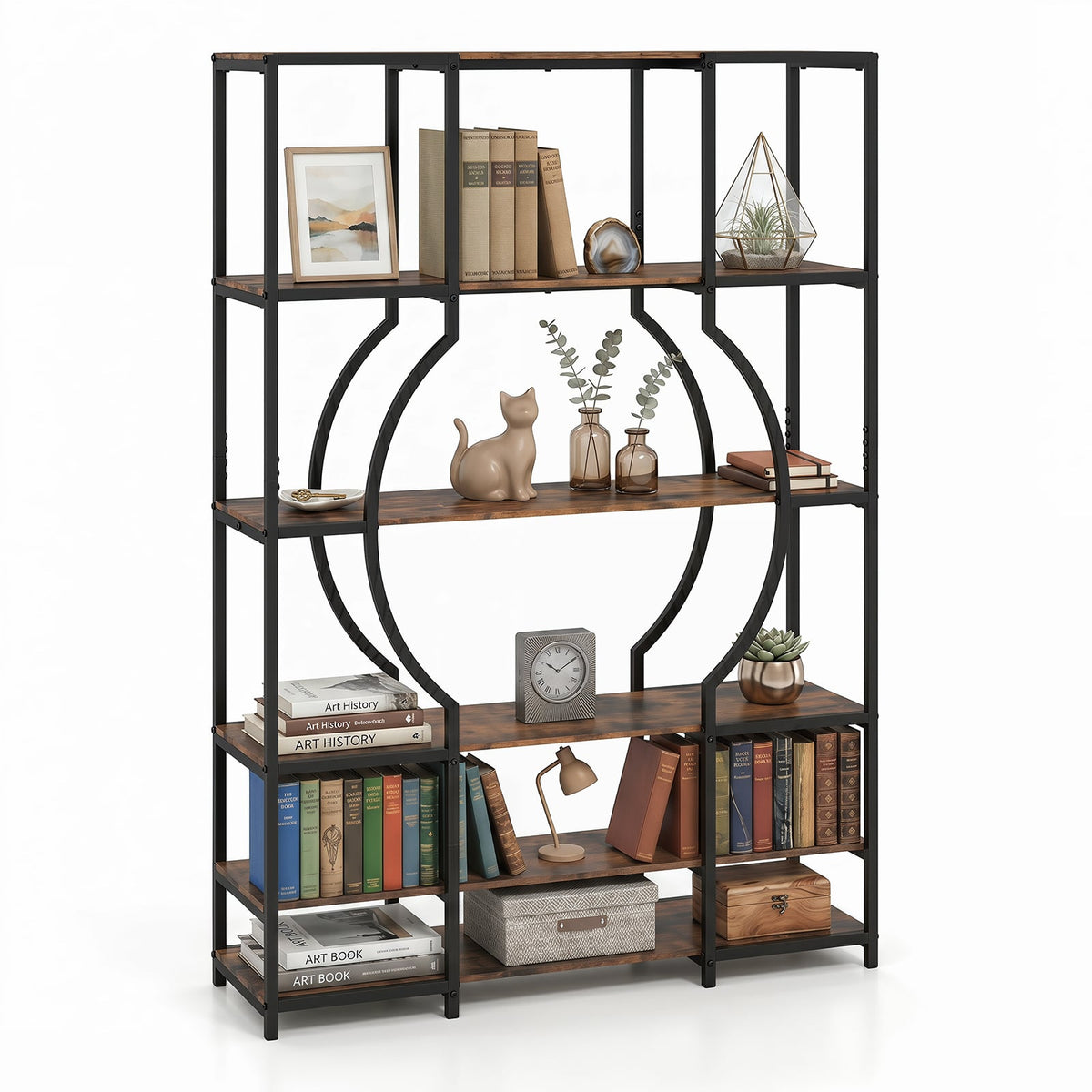 5-Tier Industrial Geometric Display Shelf with Open Shelves in Rustic Brown