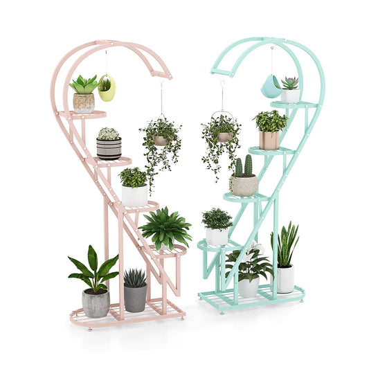 5-Tier Metal Heart-shaped Plant Stand with Hanging Hooks-Pink &amp; Blue