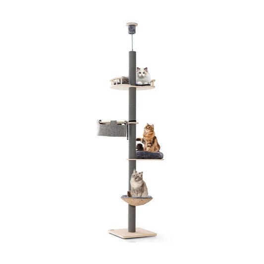 5-Tier Wooden Cat Tower Floor to Ceiling Cat Tree with Adjustable Height-Grey