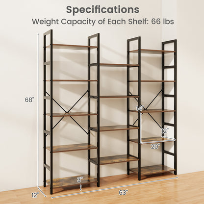 5-tier Triple Wide Heavy-duty Metal Frame Industrial Bookshelf-Rustic Brown