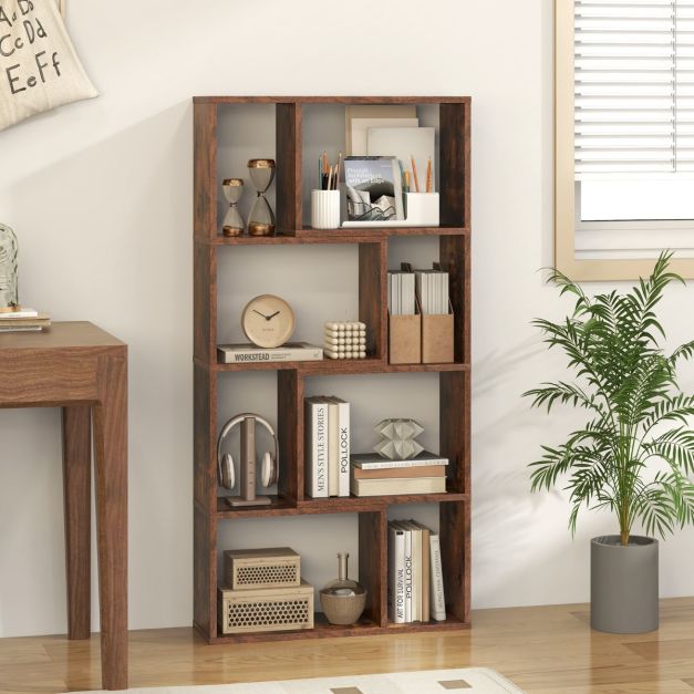 5-Tier Geometric Bookshelf with 8 Cubes Floor Standing Open Display-Brown