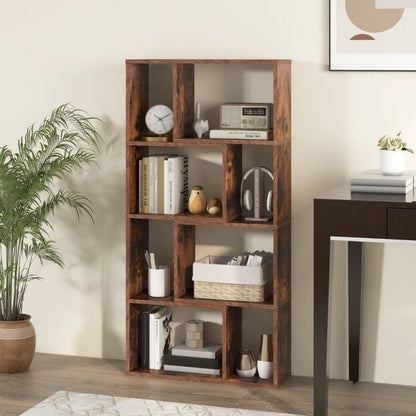 5-Tier Geometric Bookshelf with 8 Cubes Floor Standing Open Display-Brown