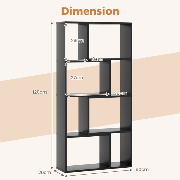5-Tier Geometric Bookshelf with 8 Cubes Floor Standing Open Display-Black