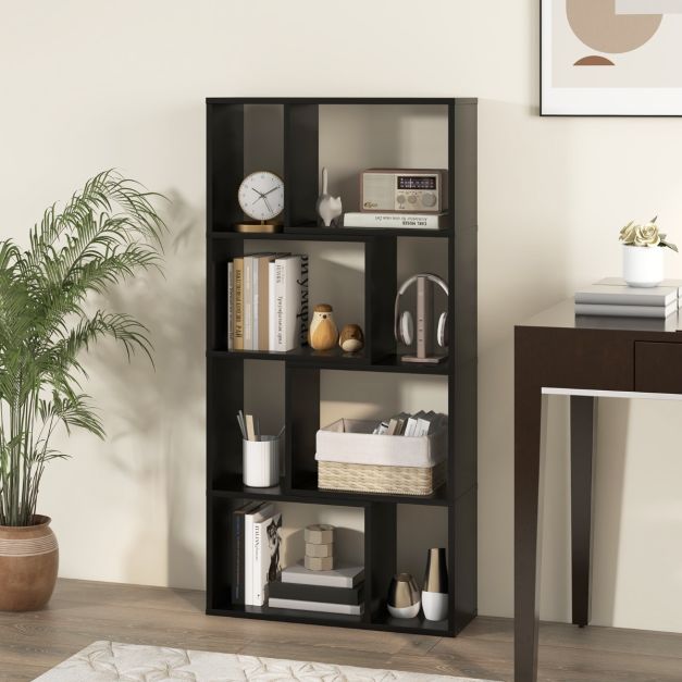 5-Tier Geometric Bookshelf with 8 Cubes Floor Standing Open Display-Black