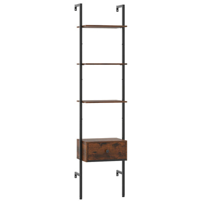 5-Tier Ladder Bookcase with Drawer and Metal Frame-Rustic Brown