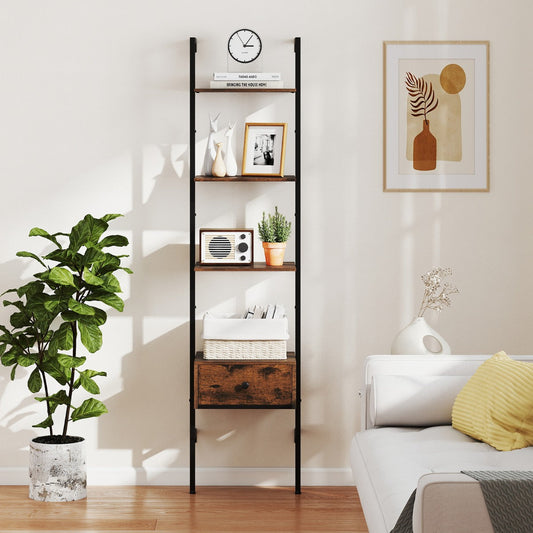 5-Tier Ladder Bookcase with Drawer and Metal Frame-Rustic Brown