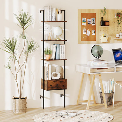 5-Tier Ladder Bookcase with Drawer and Metal Frame-Rustic Brown
