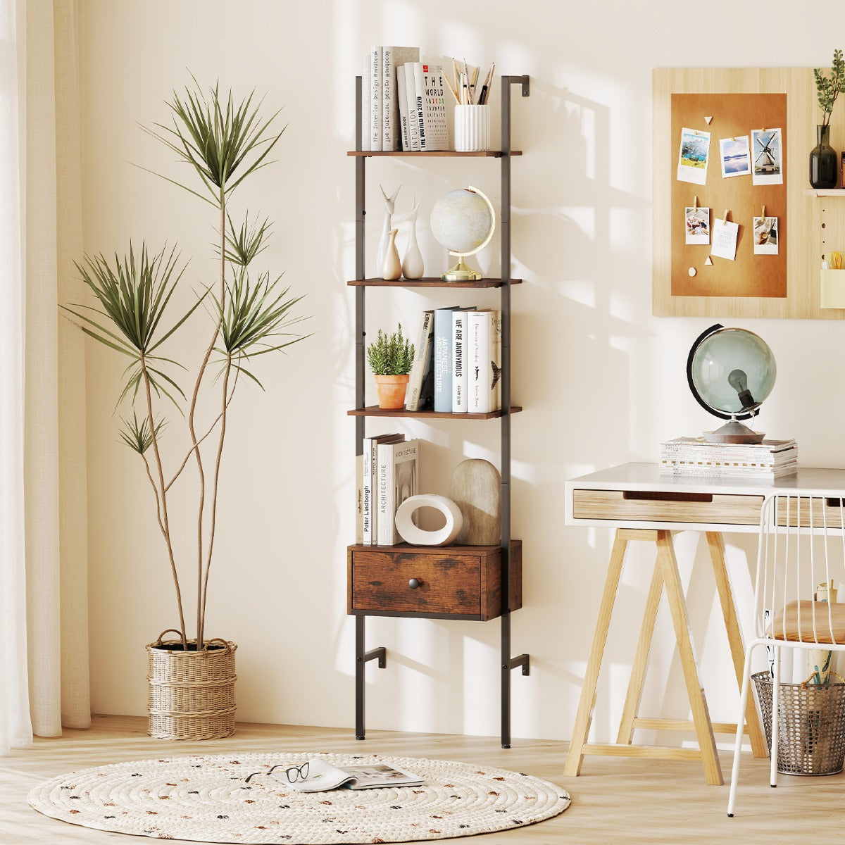 5-Tier Ladder Bookcase with Drawer and Metal Frame-Rustic Brown
