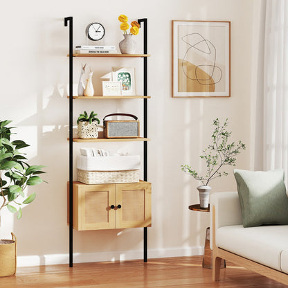 5-Tier Ladder Bookcase with Rattan Cabinet and Metal Frame-Natural