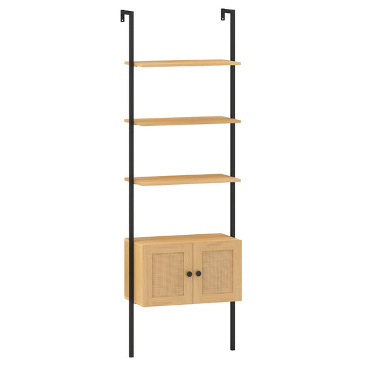 5-Tier Ladder Bookcase with Rattan Cabinet and Metal Frame-Natural