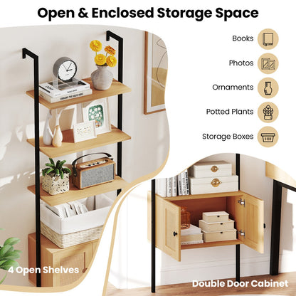 5-Tier Ladder Bookcase with Rattan Cabinet and Metal Frame-Natural