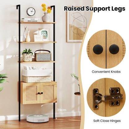 5-Tier Ladder Bookcase with Rattan Cabinet and Metal Frame-Natural