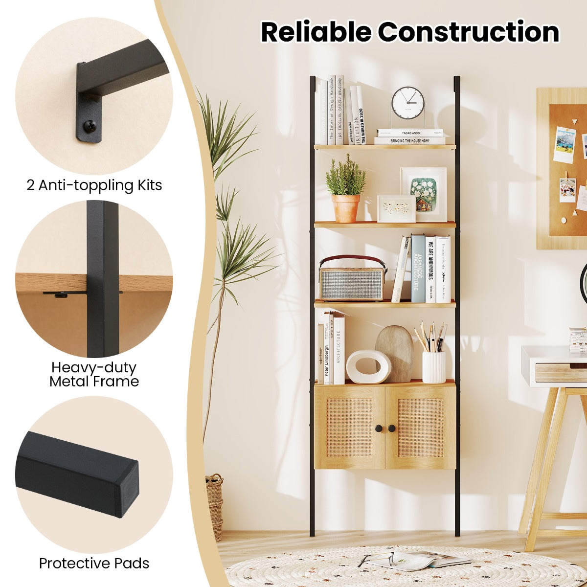 5-Tier Ladder Bookcase with Rattan Cabinet and Metal Frame-Natural