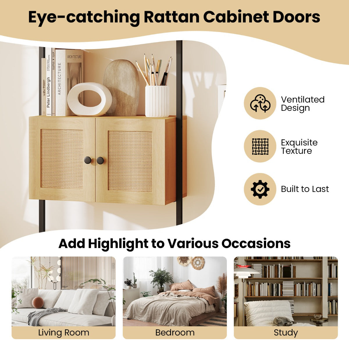 5-Tier Ladder Bookcase with Rattan Cabinet and Metal Frame-Natural