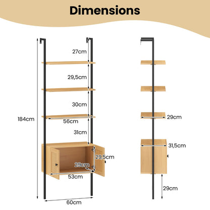 5-Tier Ladder Bookcase with Rattan Cabinet and Metal Frame-Natural