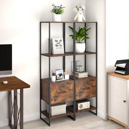 5-Tier Tall Narrow Bookcase Bookshelf with Drawer Shelves-Rustic Brown
