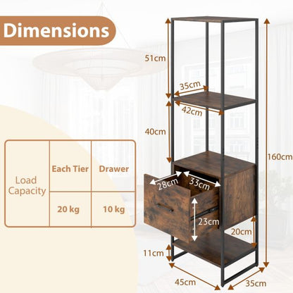 5-Tier Tall Narrow Bookcase Bookshelf with Drawer Shelves-Rustic Brown