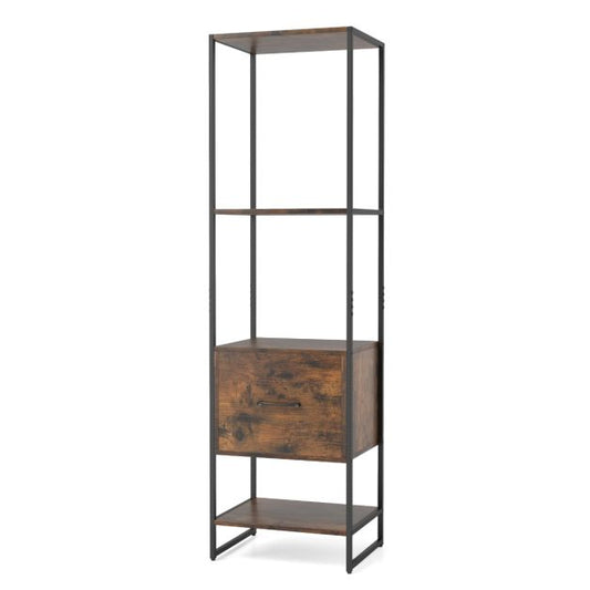 5-Tier Tall Narrow Bookcase Bookshelf with Drawer Shelves-Rustic Brown