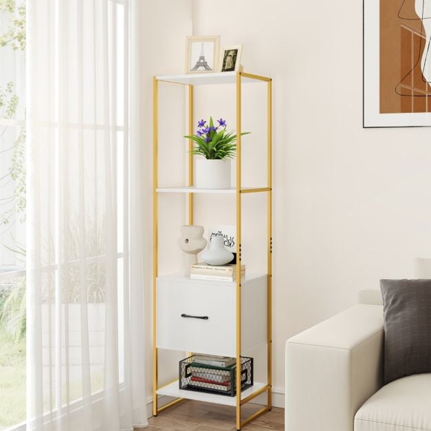 5-Tier Tall Narrow Bookcase Bookshelf with Drawer Shelves-White
