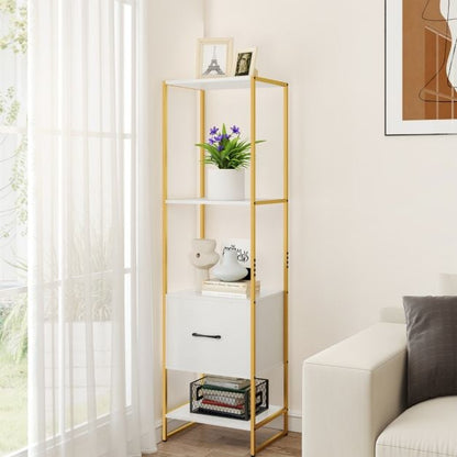 5-Tier Tall Narrow Bookcase Bookshelf with Drawer Shelves-White