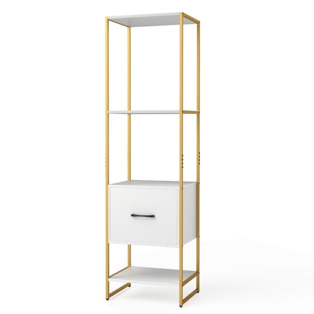 5-Tier Tall Narrow Bookcase Bookshelf with Drawer Shelves-White