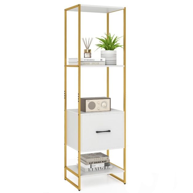5-Tier Tall Narrow Bookcase Bookshelf with Drawer Shelves-White